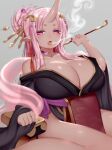  2019 accessory big_breasts breasts clothing cute_fangs female grey_background hair_accessory hi_res holding_smoking_pipe horn horned_humanoid huge_breasts humanoid looking_at_viewer mofuaki open_mouth pink_eyes pipe puirple_eyes simple_background solo 