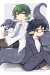  2020 2:3 ambiguous_gender black_hair elf eyewear glasses green_hair hair humanoid looking_at_another looking_at_viewer mofuaki not_furry sitting smile 