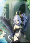  2015 bkush black_wings blush breasts clothing cute_fangs female horn humanoid humanoid_pointy_ears mofuaki open_mouth side_boob standing water winged_humanoid wings 