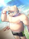  2021 3:4 anthro beach belly blue_eyes bodily_fluids bulge clothing eyewear glasses hi_res humanoid_hands kemono leib_(tas) log_seo male mammal moobs navel nipples overweight overweight_male polar_bear sea seaside smoking solo sweat swimwear tokyo_afterschool_summoners ursid ursine video_games water 