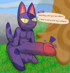 :3 absurd_res animal_crossing anthro arms_at_sides balls big_balls big_penis blush bob_(animal_crossing) cloud dialogue dialogue_box domestic_cat eftiinsfw english_text erection felid feline felis genitals grass hi_res huge_penis humanoid_genitalia humanoid_penis hyper hyper_genitalia hyper_penis looking_at_viewer male mammal navel nintendo nipples nude outside penis penis_tip plant public public_nudity purple_body rock sitting smug solo spots spotted_body text tree vein veiny_penis video_games yellow_eyes 
