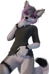  2021 2:3 3d_(artwork) 5_fingers alpha_channel anthro biped black_body black_clothing black_fur black_nose black_shirt black_topwear blender_(software) bottomless breasts canid canine claws clitoral_hood_piercing clothed clothing digital_media_(artwork) dipstick_tail ear_piercing female finger_claws fingers fox fur genital_piercing genitals grey_body grey_fur hair hi_res humanoid_genitalia humanoid_pussy industrial_piercing inner_ear_fluff looking_at_viewer mammal multicolored_body multicolored_fur multicolored_hair multicolored_tail open_mouth piercing portrait purple_eyes pussy pussy_piercing ruaidri shirt simple_background solo syandene three-quarter_portrait tongue tongue_out topwear transparent_background tuft two_tone_hair 
