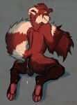  2021 4_toes ailurid anthro anus backsack balls bedroom_eyes collar collar_only digital_media_(artwork) facial_piercing feet fur genitals grin hi_res looking_at_viewer lube_in_ass male mammal narrowed_eyes nose_piercing pawpads paws piercing presenting presenting_anus raised_tail red_body red_fur red_panda seductive septum_piercing simple_background smile solo tailtufts toes watermark white_body white_fur 