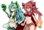  2014 clothing duo elf female fire green_eyes humanoid looking_at_viewer mofuaki navel not_furry piercing red_eyes simple_background sitting smile staff white_background 