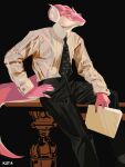  3:4 absurd_res anthro business_attire business_suit clothed clothing dragon eyewear furniture glasses hi_res horn kotia male mucknagabe necktie pink_body scalie shirt simple_background sitting solo suit topwear 