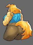  2021 absurd_res anthro biceps big_breasts big_butt bird_dog blue_eyes blush breasts butt canid canine canis ceehaz clothing crop_top dog_knight_rpg domestic_dog female fur golden_retriever grey_background hair hi_res hunting_dog jeane_(ceehaz) leggings legwear mammal muscular muscular_anthro muscular_female orange_hair panties retriever shirt simple_background solo thong topwear translucent translucent_clothing underwear yellow_body yellow_fur 