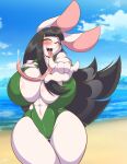  abs anthro big_breasts black_hair blush bodily_fluids breasts butt_from_the_front female hair hi_res huge_breasts lagomorph leporid long_tongue mammal mastergodai open_mouth rabbit saliva solo tongue tongue_out white_body wide_hips 