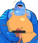  2021 anthro blue_body censored erection eyes_closed fish genitals hi_res kemono male marine nipples overweight overweight_male penis scar sessa shark solo tongue tongue_out wrestling_singlet 