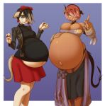  absurd_res animal_humanoid au_ra belly big_belly big_breasts both_pregnant breasts cleavage clothed clothing demon female final_fantasy final_fantasy_xiv hair hair_over_eye hellbrain hi_res horn horned_humanoid humanoid looking_at_viewer midriff not_furry one_eye_obstructed pregnant scalie scalie_humanoid square_enix video_games 