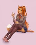  black_nose bottomwear clothing coat doki_doki_literature_club! domestic_cat eyebrows felid feline felis female fluffy_ears footwear green_eyes hair hi_res holding_object holding_pen karpusha legwear long_hair looking_at_viewer mammal multicolored_body notebook pen ponytail red_hair shirt shoes sitting skirt smile solo solo_focus stockings tassels topwear two_tone_tail video_games visual_novel white_clothing white_shirt white_topwear 