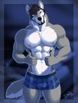  2020 3:4 abs anthro beard biceps black_hair blue_eyes bulge canid canine canis clothed clothing duo facial_hair feralise fur gesture grey_body grey_fur hair hi_res looking_at_viewer male mammal muscular muscular_anthro muscular_male nipples pecs pinup portrait pose standing three-quarter_portrait thumbs_up triceps underwear underwear_only wolf 
