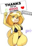  animal_crossing anthro big_breasts bikini black_bikini black_clothing black_swimwear blush breasts canid canine canis clothing collar crossman domestic_dog english_text female hi_res holding_object holding_sign isabelle_(animal_crossing) looking_at_viewer mammal nintendo nipple_outline one_leg_up raised_leg simple_background smile solo swimwear text thick_thighs video_games white_background wide_hips 