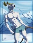  2021 3:4 anthro antlers athletic athletic_anthro athletic_male cervid clothed clothing feralise fur hi_res horn male mammal outside pecs plant portrait rope signature snow solo three-quarter_portrait tree underwear underwear_only white_body white_fur yellow_eyes 
