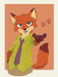  2021 anthro border bottomwear canid canine cheek_tuft clothed clothing dipstick_ears disney enoki_jo facial_tuft fox fully_clothed fur green_eyes head_tuft hi_res looking_at_viewer male mammal multicolored_ears neck_tuft necktie nick_wilde open_mouth open_smile orange_body orange_fur pants red_fox shirt simple_background smile solo topwear tuft yellow_border zootopia 