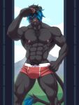  2020 3:4 abs anthro armpit_hair biceps black_body black_fur black_hair blue_hair body_hair bulge chest_tuft claws clothed clothing ear_piercing ear_ring fangs felid feralise finger_claws fur hair hi_res looking_at_viewer male mammal multicolored_hair muscular muscular_anthro muscular_male nipples pantherine pawpads pecs piercing pinup portrait pose pubes quads sharp_teeth solo standing tail_tuft teeth three-quarter_portrait triceps tuft two_tone_hair underwear underwear_only whiskers 