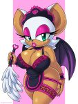  3:4 absurd_res anthro big_breasts breasts chiropteran cleaning_tool cleavage clothed clothing feather_duster female hi_res maid_uniform mammal membrane_(anatomy) membranous_wings omegasunburst rouge_the_bat sega solo sonic_the_hedgehog_(series) uniform wings 