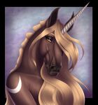  anthro blonde_hair bust_portrait equid equine eyelashes female hair hair_over_eye half-closed_eyes hi_res horn long_hair looking_at_viewer luna_(chestnutluna) mammal morrigan_the_marwari narrowed_eyes nude one_eye_obstructed portrait solo unicorn yellow_eyes 