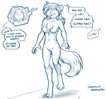  2021 abs anthro blue_and_white blush breasts canid canine canis chest_tuft claws conditional_dnp dialogue digitigrade embarrassed english_text featureless_breasts featureless_crotch female fox hi_res keidran laura_(twokinds) mammal monochrome natani navel nude open_mouth possession shoulder_tuft shuddering simple_background sketch solo_focus text thought_bubble toe_claws tom_fischbach tuft twokinds walking webcomic white_background wolf 