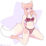  1:1 absurd_res anthro belly big_tail breasts canid canine clothing female fox hair happy hi_res inner_ear_fluff kneeling lingerie looking_away mammal nipples open_mouth orange_hair pawpads paws pink_eyes pink_nipples pink_nose seaweed_toast simple_background solo toast_(seaweed_toast) translucent tuft 