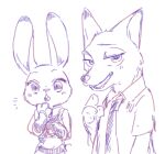  2020 anthro canid canine chu_twst clothed clothing disney duo female fox fur judy_hopps lagomorph leporid male mammal necktie nick_wilde rabbit red_fox shirt simple_background sketch topwear white_background zootopia 