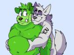  2021 anthro belly belly_grope black_nose blush candy canid canine dessert duo food food_creature grope gummibar gummy_(food) gummy_bear_(food) gummybear_and_friends hug hugging_from_behind humanoid_hands lewdookami male mammal navel overweight overweight_male simple_background ursid 