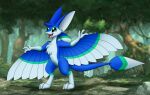  anthro avali avian blue_body blue_feathers blurred_background chest_tuft fan_character feathers fur hi_res male multicolored_body multicolored_feathers open_mouth sharp_teeth smushpretzel solo teeth tuft white_body white_feathers white_fur winged_arms wings 