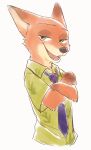  2020 anthro canid canine chu_twst clothed clothing crossed_arms disney fox green_eyes half-closed_eyes half-length_portrait hi_res looking_at_viewer male mammal narrowed_eyes necktie nick_wilde open_mouth open_smile portrait red_fox shirt simple_background smile solo topwear white_background zootopia 