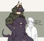  2021 abs anthro anubian_jackal black_body black_fur blue_eyes bottomless camo canid canine canis clothed clothing duo english_text fur genitals hi_res hoodie human jackal looking_at_viewer male mammal multi_nipple muscular muscular_male navel nipples osahar_(securipun) pecs penis securipun simple_background text topwear topwear_only yellow_body yellow_fur 