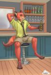  alcohol anthro aroused bar bedroom_eyes beverage bottle bulge canid canine claws clothed clothing cloudy_(artist) cloudyfurr digital_media_(artwork) disney drunk feet fox fur furniture hi_res loose_tie male mammal multicolored_body narrowed_eyes navel nick_wilde paws red_body red_fur seductive smile solo solo_focus stool substance_intoxication two_tone_body unbuttoned wine wine_glass zootopia 