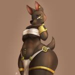  1:1 2021 absurd_res anthro anubian_jackal belly_piercing bottomwear breasts brown_background canid canine canis clothed clothing digital_media_(artwork) ear_piercing ear_ring female hi_res jackal light lighting loincloth louart mammal midriff navel navel_piercing piercing shaded signature simple_background solo thick_thighs under_boob 