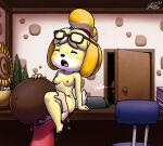  2021 animal_crossing anthro bodily_fluids breasts brown_hair canid canine canis caught chair clothed clothed/nude clothed_male_nude_female clothing cunnilingus desk detailed_background dialogue domestic_dog door duo ejaculation english_text eyewear eyewear_only faceless_character faceless_human faceless_male female female_on_human flower furniture genital_fluids glasses glasses_only hair human human_on_anthro interspecies isabelle_(animal_crossing) looking_pleasured male male/female male_on_anthro mammal nintendo nipples nude on_desk open_mouth oral orgasm orgasm_face plant pussy_ejaculation pussy_juice red_clothing red_shirt red_topwear revtilian sex shih_tzu shirt sitting sunflower text topwear toy_dog unseen_character vaginal video_games villager_(animal_crossing) yellow_body 