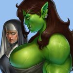  1:1 2021 big_breasts blood blue_eyes bodily_fluids breasts brown_hair deltoids duo ear_piercing female green_body green_skin hair hi_res human humanoid humanoid_pointy_ears justsomenoob looking_at_breasts mammal muscular muscular_female nosebleed not_furry notched_ear nun orc piercing tusks vein 