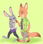  2021 anthro barefoot bottomwear canid canine chu_twst clothing disney duo feet female food fox fur green_background green_eyes grey_body grey_fur hi_res holding_food holding_object judy_hopps lagomorph leporid male mammal necktie nick_wilde open_mouth open_smile orange_body orange_fur pants purple_eyes rabbit red_fox shirt simple_background smile topwear walking zootopia 