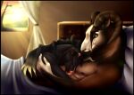  anthro black_body black_fur bovid brown_body brown_fur caprine curved_horn duo embrace equid equine eyes_closed female fur horn horse hug intimate kaiden_(epitaph_the_arisen) light male male/female mammal morrigan_(morrigan_the_marwari) morrigan_the_marwari nude open_window ram_horns romantic romantic_couple sheep sunlight under_sheets 