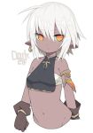  2017 amber_eyes clothing dark_elf ear_piercing ear_ring elf female gloves handwear humanoid looking_at_viewer mofuaki navel not_furry piercing simple_background solo white_background young 