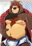  2021 anthro belly blush brown_body brown_fur bulge canid canine clothing fur hi_res humanoid_hands kemono male mammal moobs navel nipples overweight overweight_male raccoon_dog ryuta-h shirt solo tanuki topwear underwear 