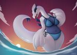  anthro anthrofied big_breasts bikini breasts clothed clothing curvy_figure female fully_clothed legendary_pok&eacute;mon looking_at_viewer lugia nintendo outside partially_submerged pawpadcomrade pok&eacute;mon pok&eacute;mon_(species) pok&eacute;morph slightly_chubby smile solo standing sunset swimwear thick_thighs video_games voluptuous water wide_hips 
