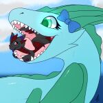  1:1 black_body black_skin blue_body blue_skin bow_tie claws dragonite duo eeveelution female feral green_eyes green_hair hair hi_res hybrid looking_at_another male male/female marine nintendo open_mouth oral_vore pok&eacute;mon pok&eacute;mon_(species) red_body red_eyes red_skin reptile scalie shikaro teeth tongue tongue_out umbreon video_games vore 