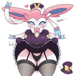  1:1 absurd_res anthro blush breasts clothed clothing clothing_lift dress dress_lift eeveelution female garter_straps hi_res jhenightfox looking_at_viewer nintendo panties pok&eacute;mon pok&eacute;mon_(species) presenting short_stack solo sylveon thick_thighs underwear video_games wide_hips 