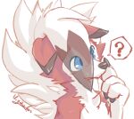  2021 ? anthro black_body black_fur blue_eyes canid chest_tuft claws confusion dialogue dipstick_hair dipstick_limbs finger_claws finger_to_mouth floppy_ears fur fur_tuft hair hair_over_eye half-length_portrait hi_res hiyaudon lycanroc mammal midnight_lycanroc multicolored_body multicolored_fur nintendo one_eye_obstructed paws pok&eacute;mon pok&eacute;mon_(species) portrait red_body red_fur signature solo tuft video_games white_body white_fur 