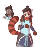  ! 2021 ailurid alternate_species anthro avatar:_the_last_airbender before_and_after black_nose blue_eyes breasts female hair hi_res human korra looking_aside mammal nickelodeon open_mouth ponytail red_panda reddishmaroon simple_background solo surprise the_legend_of_korra white_background 