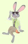  3_toes anthro barefoot bottomwear chu_twst clothing countershade_feet countershading disney fake_tail feet female fur green_background grey_body grey_fur hi_res jewelry judy_hopps lagomorph leporid mammal necklace necktie pants plantigrade purple_eyes rabbit shirt simple_background sitting soles solo toes topwear zootopia 