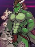  3:4 anthro barazoku brown_hair bulge canid canine canis clothed clothing domestic_dog dragon green_body group hair hi_res jockstrap lilshark male male/male mammal muscular muscular_anthro muscular_male nipples pecs petplay puppyplay roleplay topless underwear wolf 