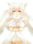  2014 animal_humanoid blue_eyes blush clothed clothing clothing_lift feathered_wings feathers female fur humanoid mofuaki simple_background solo white_background white_body white_fur winged_humanoid wings 