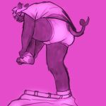  1:1 anthro belt bottomwear briefs butt capra_kid clothing footwear male pants purple_background removing_socks shirt simple_background socks solo swirly_tail topwear tusks underwear undressing 