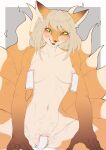  9_tails absurd_res anthro asian_mythology ayabemiso blush breasts canid canine cute_fangs east_asian_mythology fangs female fox fox_spirit fur green_eyes grey_hair hair hi_res kemono looking_at_viewer mammal multi_tail mythology navel nude open_mouth orange_body orange_fur pussy_tape simple_background sitting smile smiling_at_viewer solo spread_legs spreading talisman 