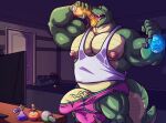  2018 5_fingers almasy anthro ball biceps big_muscles clothed clothing detailed_background dozer_(extracurricular_activities) drinking expansion extracurricular_activities fingers genital_expansion genital_growth genitals green_body growth huge_muscles komodo_dragon lizard magic male monitor_lizard musclegut muscular muscular_anthro muscular_male muscular_thighs nipples open_mouth pecs penis penis_expansion potion reptile scalie sharp_teeth shirt solo story story_in_description tank_top teeth television tennis_ball tennis_racket tongue topwear torn_clothing underwear vein veiny_penis 
