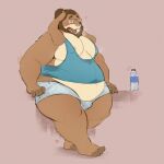  1:1 anthro belly_overhang blue_clothing blue_shirt blue_topwear bodily_fluids bottomwear bulge clothing cutoffs denim denim_clothing eyewear facial_hair glasses lagomorph leporid male mammal minedoo moobs nipples overweight overweight_anthro overweight_male rabbit shirt shorts solo sweat sweat_stain tank_top topwear water_bottle 