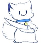  1:1 ambiguous_gender anthro arctic_fox canid canine collar fluffy fluffy_tail fox fur hi_res knife mammal name_tag paws simple_background simple_eyes smile snoii_(snoiifoxxo) snoiifoxxo solo text tuft white_background white_body white_fur 