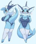  &lt;3 anthro anthrofied big_breasts blush breasts cleavage clothed clothing eeveelution eyewear female goggles goggles_on_head hi_res holding_butt legwear looking_at_viewer multiple_poses navel nintendo one-piece_swimsuit pok&eacute;mon pok&eacute;mon_(species) pok&eacute;morph pose rikose simple_background smile solo stockings swimwear tight_clothing vaporeon video_games 